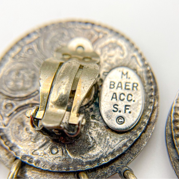 Vintage M. Baer 1980’s Silver Tone Stone Bead Dangle Clip On Earrings w Circle - Picture 7 of 10